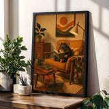 Hamster Reading in Armchair Poster | Retro Painterly Hamster Wall Art | Walnut Brown Burnt Orange Decor | Cozy Mid Century Living Room Print