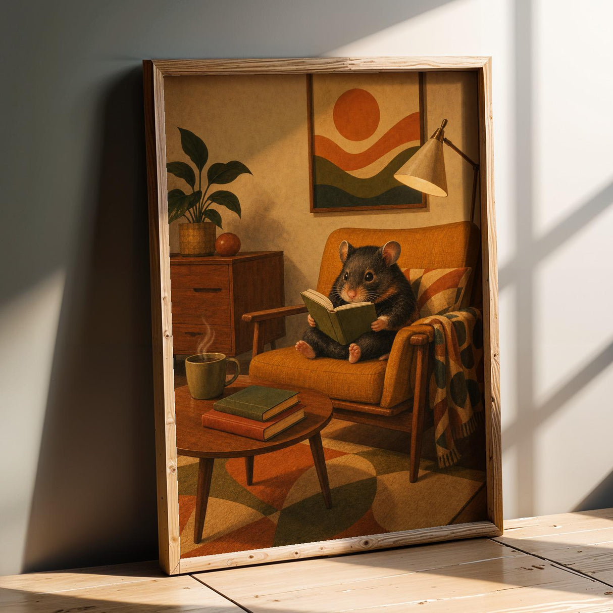 Hamster Reading in Armchair Poster | Retro Painterly Hamster Wall Art | Walnut Brown Burnt Orange Decor | Cozy Mid Century Living Room Print