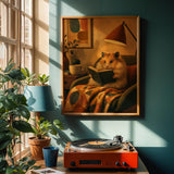 Long Haired Syrian Hamster Reading in Armchair Poster | Retro Painterly Hamster Wall Art | Orange Decor | Cozy Mid Century Bedroom Print