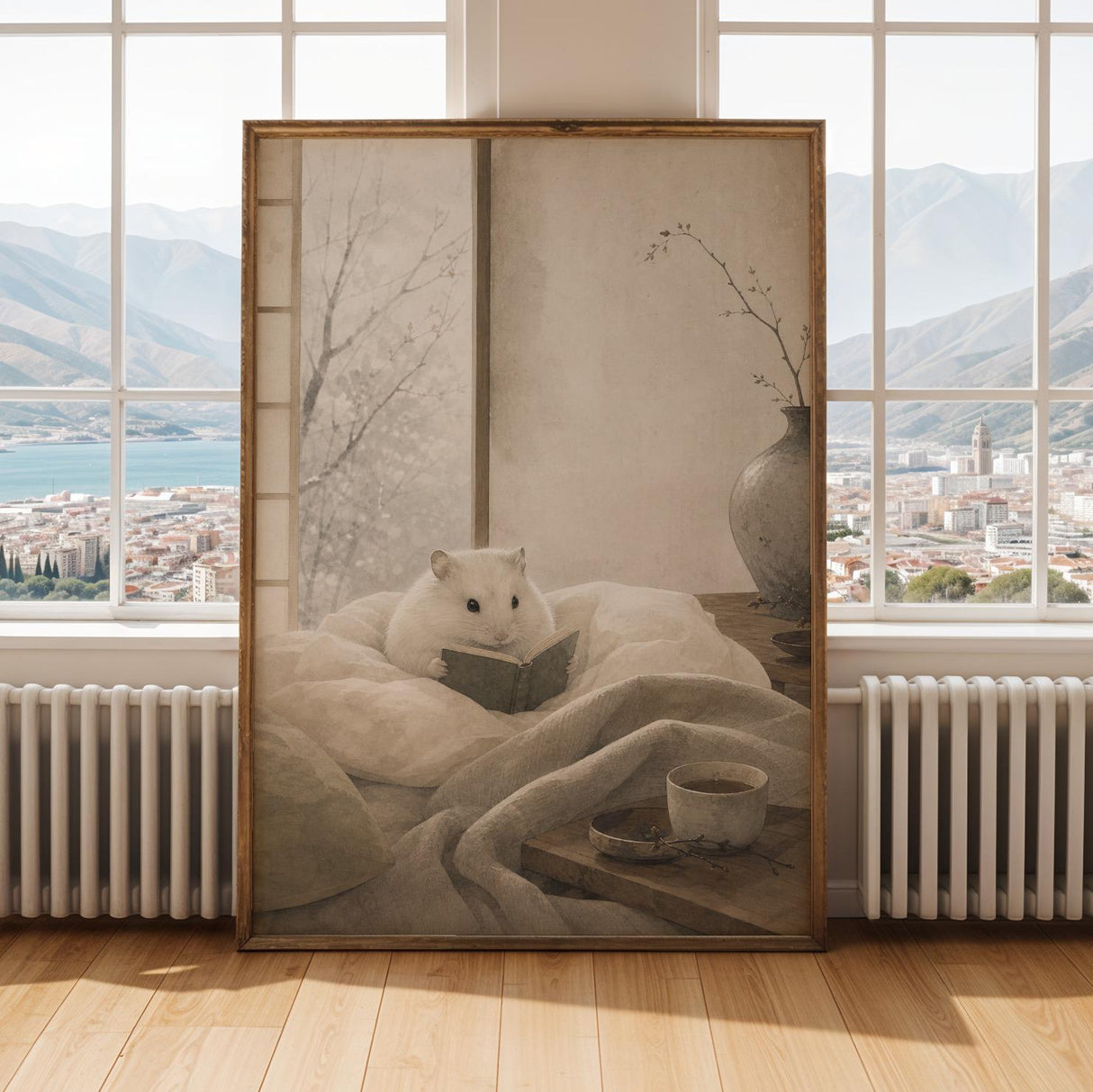 Winter White Hamster Reading in Bed Poster | Japanese Zen Sumi-e Hamster Wall Art | Warm Ivory Gray Decor | Minimalist Kyoto Bedroom Print