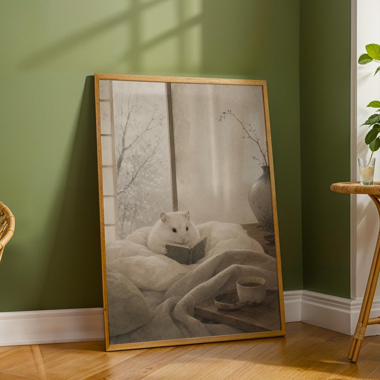 Winter White Hamster Reading in Bed Poster | Japanese Zen Sumi-e Hamster Wall Art | Warm Ivory Gray Decor | Minimalist Kyoto Bedroom Print