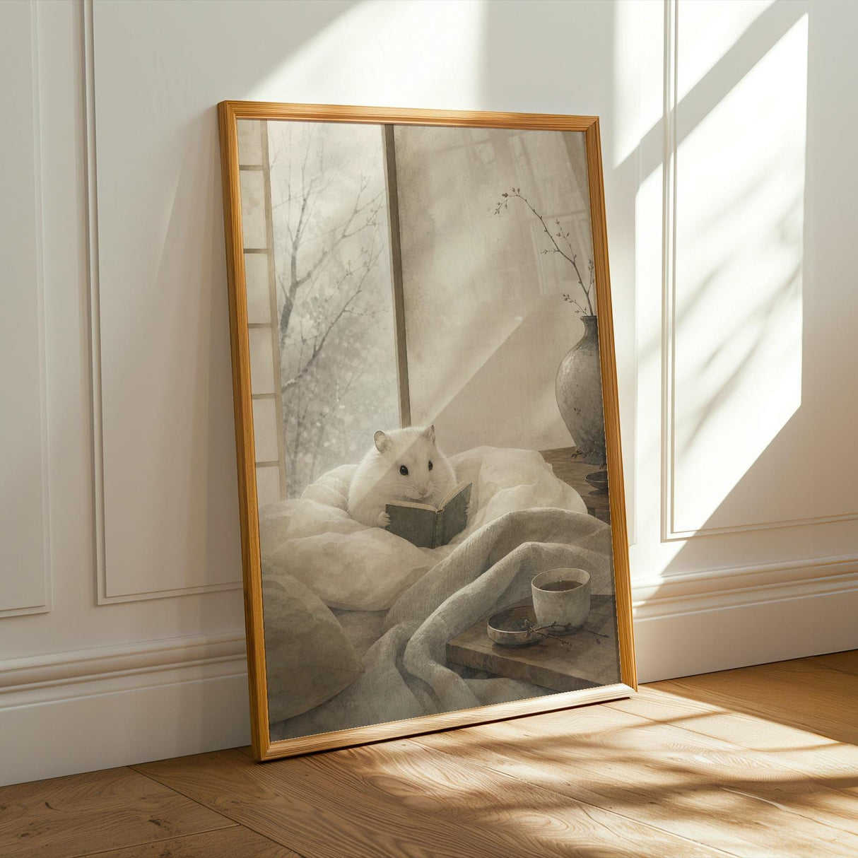 Winter White Hamster Reading in Bed Poster | Japanese Zen Sumi-e Hamster Wall Art | Warm Ivory Gray Decor | Minimalist Kyoto Bedroom Print