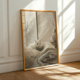 Winter White Hamster Reading in Bed Poster | Japanese Zen Sumi-e Hamster Wall Art | Warm Ivory Gray Decor | Minimalist Kyoto Bedroom Print