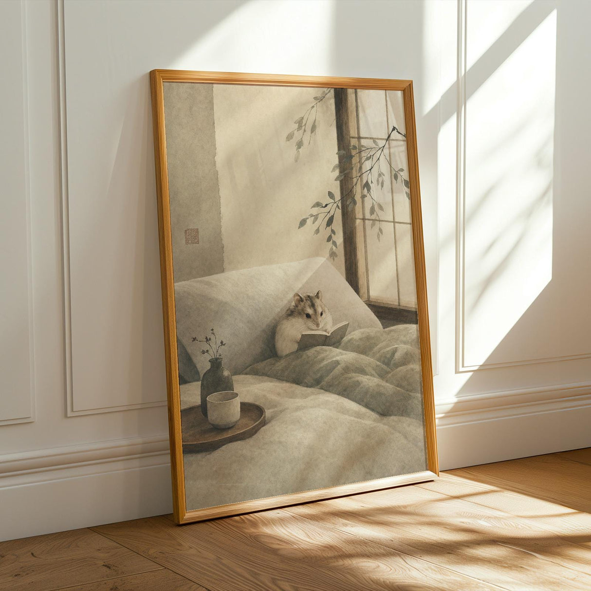 Hamster Reading Book Poster | Japanese Zen Sumi-e Ink Wash Wall Art | Warm Ivory Fog Gray Decor | Minimalist Bedroom Print