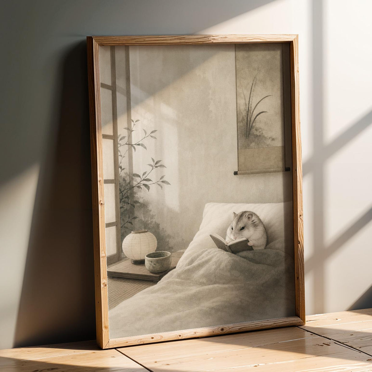 Pearl Dwarf Hamster Reading in Bed Poster | Japanese Zen Sumi-e Hamster Wall Art | Warm Ivory Fog Gray Decor | Minimalist Bedroom Print