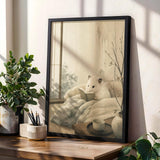 White Syrian Hamster Reading in Bed Poster | Japanese Zen Sumi-e Hamster Wall Art | Warm Ivory Fog Gray Decor | Minimalist Bedroom Print