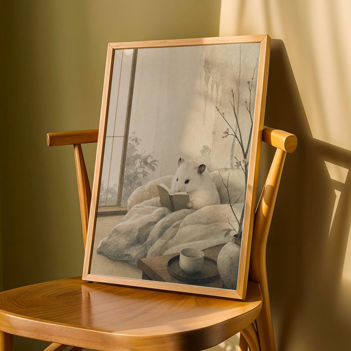 White Syrian Hamster Reading in Bed Poster | Japanese Zen Sumi-e Hamster Wall Art | Warm Ivory Fog Gray Decor | Minimalist Bedroom Print