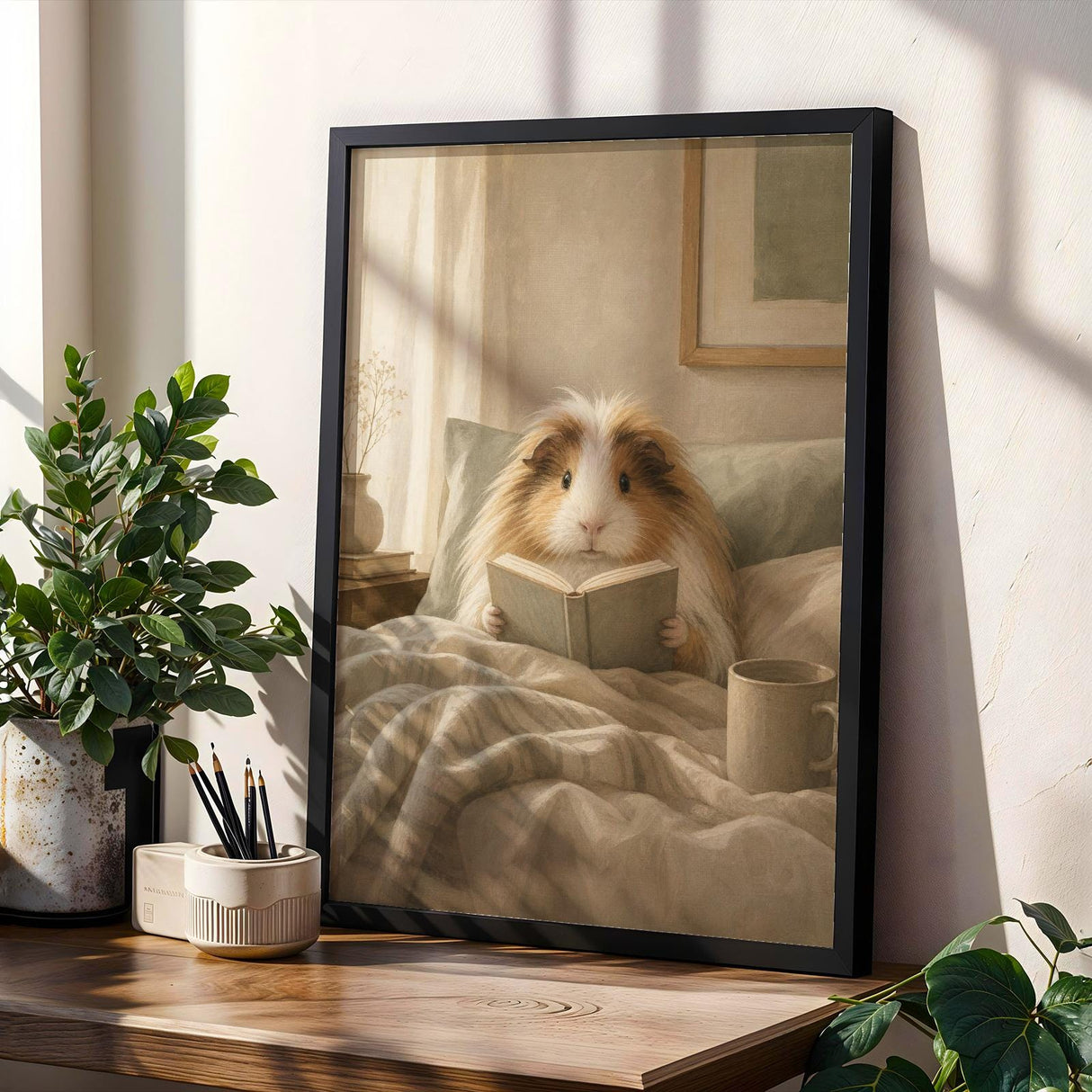 Sheltie Guinea Pig Reading in Bed Poster | Modern Gouache Guinea Pig Wall Art | Warm Beige Oat Milk Decor | Cozy Minimalist Bedroom Print