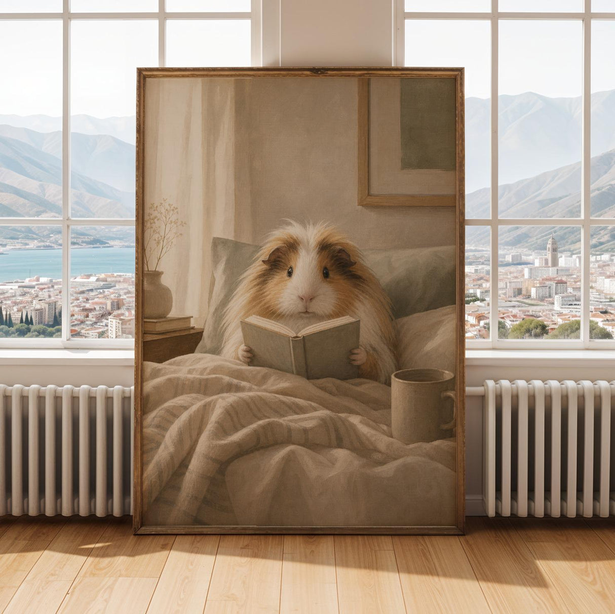 Sheltie Guinea Pig Reading in Bed Poster | Modern Gouache Guinea Pig Wall Art | Warm Beige Oat Milk Decor | Cozy Minimalist Bedroom Print
