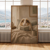 Sheltie Guinea Pig Reading in Bed Poster | Modern Gouache Guinea Pig Wall Art | Warm Beige Oat Milk Decor | Cozy Minimalist Bedroom Print