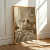 Sheltie Guinea Pig Reading in Bed Poster | Modern Gouache Guinea Pig Wall Art | Warm Beige Oat Milk Decor | Cozy Minimalist Bedroom Print