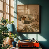 White Crested Guinea Pig Reading in Bed Poster | Nordic Gouache Guinea Pig Wall Art | Warm Neutral Bedroom Decor | Cozy Nook Print