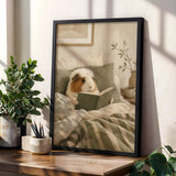 White Crested Guinea Pig Reading in Bed Poster | Nordic Gouache Guinea Pig Wall Art | Warm Neutral Bedroom Decor | Cozy Nook Print