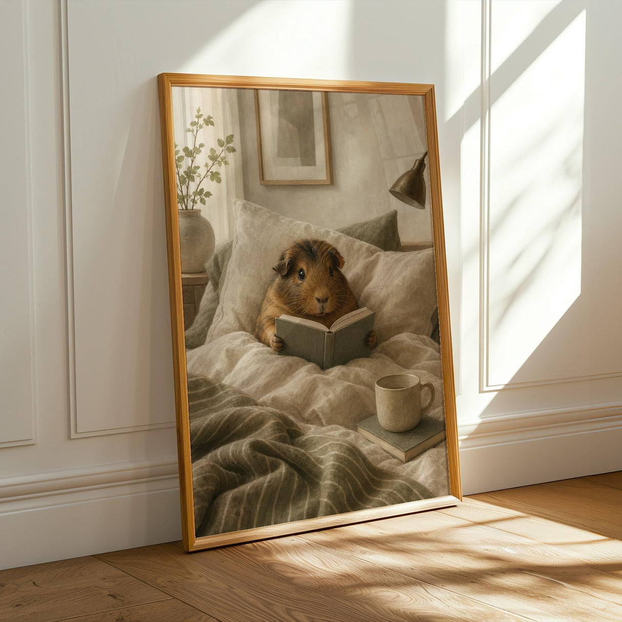 Abyssinian Guinea Pig Reading in Bed Poster | Modern Gouache Guinea Pig Wall Art | Warm Beige Soft Ivory Decor | Cozy Bedroom Print
