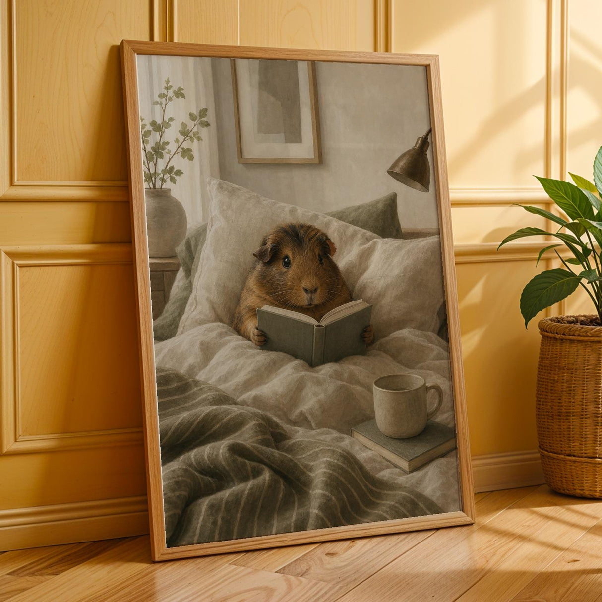 Abyssinian Guinea Pig Reading in Bed Poster | Modern Gouache Guinea Pig Wall Art | Warm Beige Soft Ivory Decor | Cozy Bedroom Print