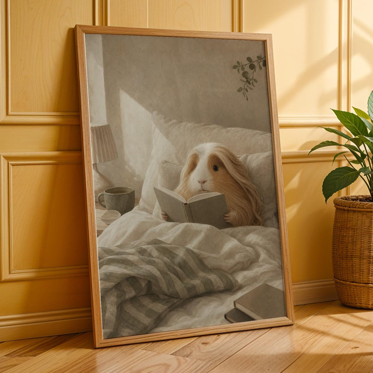 Peruvian Guinea Pig Reading in Bed Poster | Modern Soft Gouache Guinea Pig Wall Art | Warm Beige Oat Milk Decor | Cozy Bedroom Print