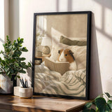 American Guinea Pig Reading in Bed Poster | Nordic Gouache Guinea Pig Wall Art | Warm Beige Oat Milk Decor | Cozy Minimalist Bedroom Print