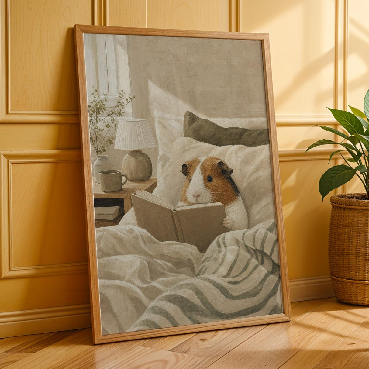 American Guinea Pig Reading in Bed Poster | Nordic Gouache Guinea Pig Wall Art | Warm Beige Oat Milk Decor | Cozy Minimalist Bedroom Print