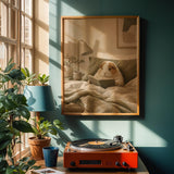 Alpaca Guinea Pig Reading in Bed Poster | Scandinavian Gouache Guinea Pig Wall Art | Warm Beige Oat Milk Decor | Cozy Nordic Bedroom Print