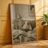 Alpaca Guinea Pig Reading in Bed Poster | Scandinavian Gouache Guinea Pig Wall Art | Warm Beige Oat Milk Decor | Cozy Nordic Bedroom Print