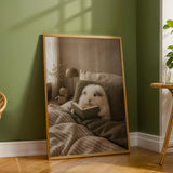 Silkie Guinea Pig Reading in Bed Poster | Modern Gouache Guinea Pig Wall Art | Warm Beige Oat Milk Decor | Cozy Minimalist Bedroom Print