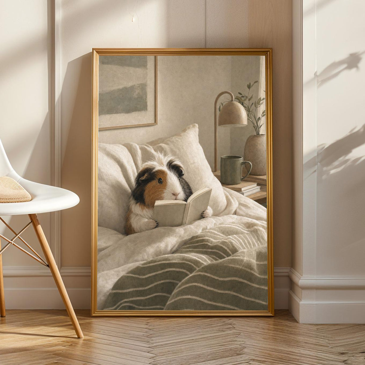 Coronet Guinea Pig Reading in Bed Poster | Scandinavian Gouache Guinea Pig Wall Art | Warm Beige Oat Milk Decor | Cozy Bedroom Print