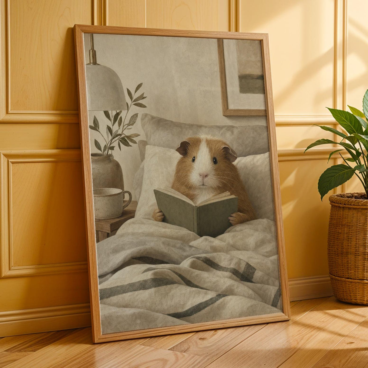 Teddy Guinea Pig Reading in Bed Poster | Soft Gouache Oat Milk Beige Wall Art | Cozy Minimalist Bedroom Decor Print | Nursery Nook Art