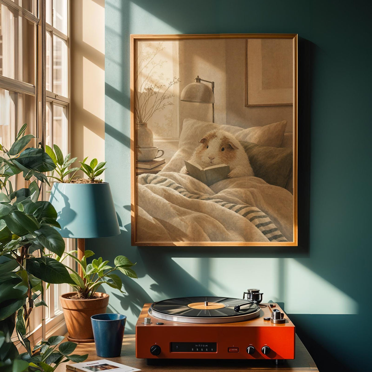 Texel Guinea Pig Reading in Bed Poster | Modern Soft Gouache Guinea Pig Wall Art | Warm Beige Oat Milk Decor | Cozy Minimalist Bedroom Print