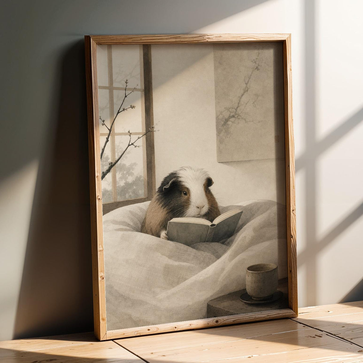 White Guinea Pig Reading in Bed Poster | Japanese Zen Ink Wash Guinea Pig Wall Art | Warm Ivory Neutral Decor | Minimalist Bedroom Print