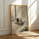 White Guinea Pig Reading in Bed Poster | Japanese Zen Ink Wash Guinea Pig Wall Art | Warm Ivory Neutral Decor | Minimalist Bedroom Print