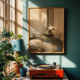 Himalayan Guinea Pig Reading in Bed Poster | Japanese Zen Sumi-e Guinea Pig Wall Art | Warm Ivory Fog Gray Decor | Minimalist Bedroom Print