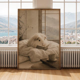 Silkie Guinea Pig Reading in Bed Poster | Japanese Zen Sumi-e Guinea Pig Wall Art | Warm Ivory Fog Gray Decor | Minimalist Bedroom Print