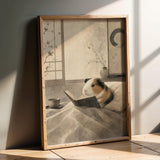 American Guinea Pig Reading in Bed Poster | Japanese Zen Ink Wash Guinea Pig Wall Art | Warm Ivory Fog Gray Decor | Minimalist Bedroom Print