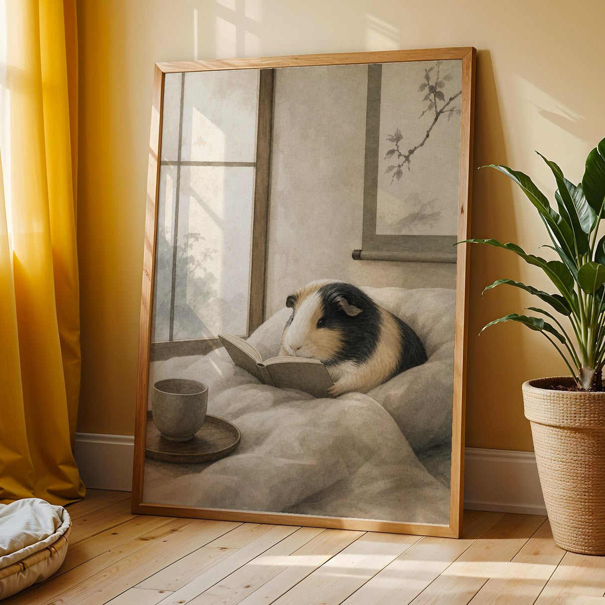 Satin Guinea Pig Reading in Bed Poster | Japanese Zen Ink Wash Guinea Pig Wall Art | Warm Ivory Fog Gray Decor | Living Room Print