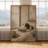 Satin Guinea Pig Reading in Bed Poster | Japanese Zen Ink Wash Guinea Pig Wall Art | Warm Ivory Fog Gray Decor | Living Room Print