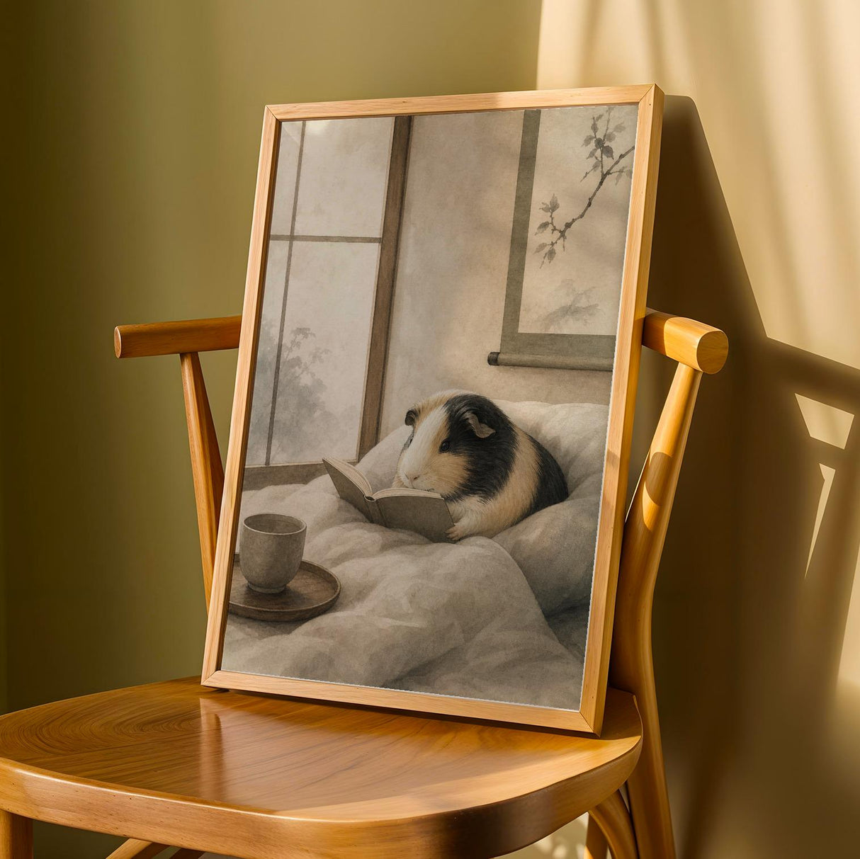 Satin Guinea Pig Reading in Bed Poster | Japanese Zen Ink Wash Guinea Pig Wall Art | Warm Ivory Fog Gray Decor | Living Room Print