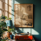 White Guinea Pig Reading in Bed Poster | Japanese Zen Sumi-e Guinea Pig Wall Art | Warm Ivory Fog Gray Decor | Minimalist Bedroom Print