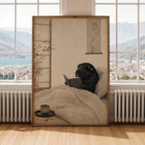 Black Guinea Pig Reading in Bed Poster | Japanese Zen Sumi-e Guinea Pig Wall Art | Warm Ivory Fog Gray Decor | Minimalist Bedroom Print