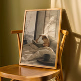 Coronet Guinea Pig Reading in Bed Poster | Japanese Zen Sumi-e Guinea Pig Wall Art | Warm Ivory Fog Gray Decor | Minimalist Bedroom Print