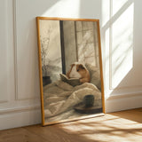 Coronet Guinea Pig Reading in Bed Poster | Japanese Zen Sumi-e Guinea Pig Wall Art | Warm Ivory Fog Gray Decor | Minimalist Bedroom Print