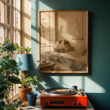 Teddy Guinea Pig Reading in Bed Poster | Japanese Zen Sumi-e Guinea Pig Wall Art | Warm Ivory Fog Gray Decor | Minimalist Bedroom Print