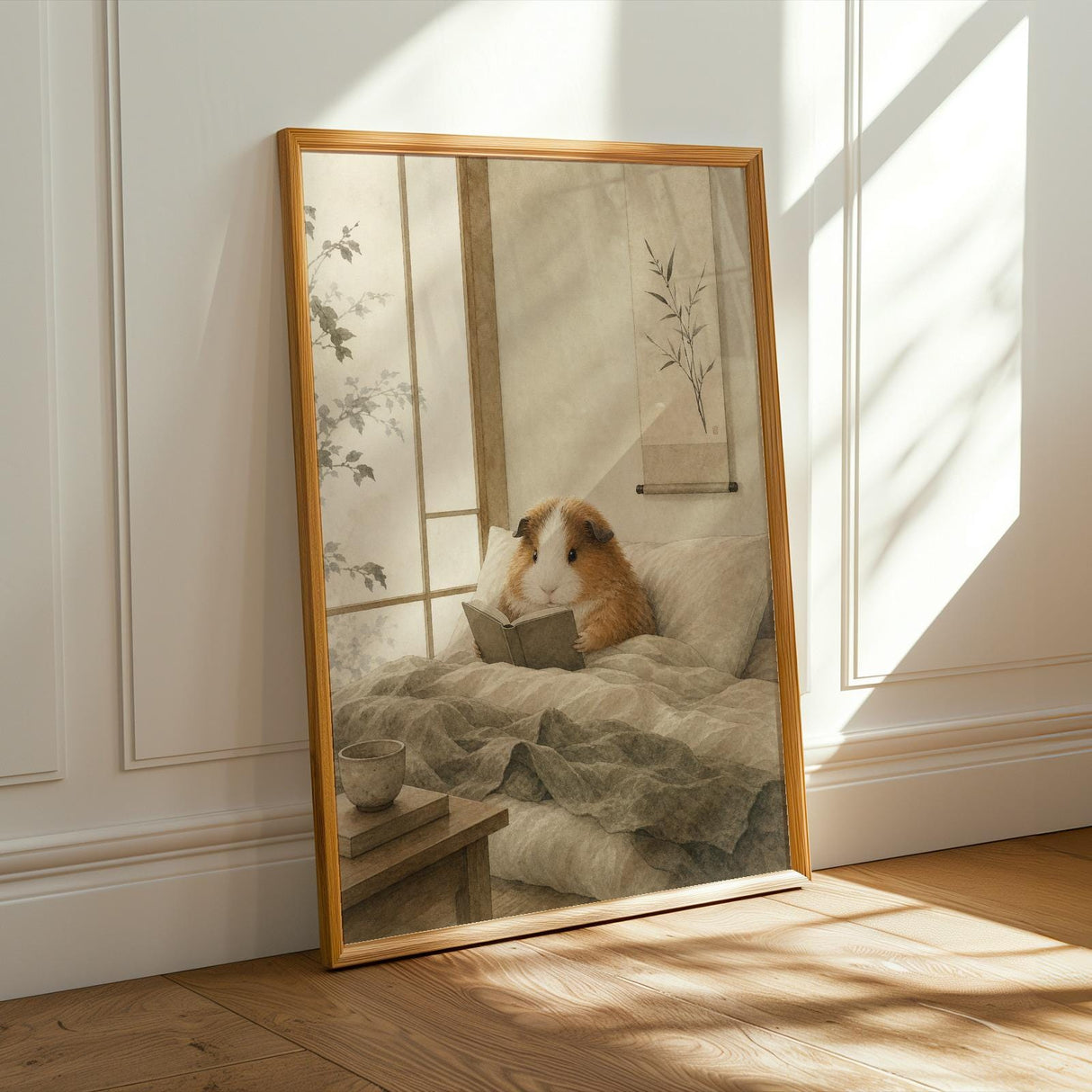 Teddy Guinea Pig Reading in Bed Poster | Japanese Zen Sumi-e Guinea Pig Wall Art | Warm Ivory Fog Gray Decor | Minimalist Bedroom Print