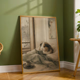 Sheltie Guinea Pig Reading in Bed Poster | Japanese Zen Ink Wash Guinea Pig Wall Art | Warm Ivory Fog Gray Decor | Living Room Print