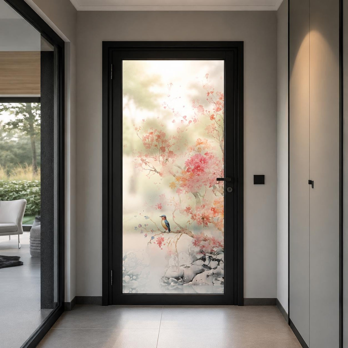 Etched frosted glass door decal with soft pink cherry blossoms and branches, a small bird detail, and a light airy background for privacy on glass.