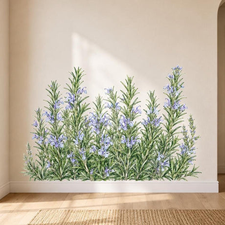 Watercolor wall vinyl decal of a rosemary herb border with slender green needle leaves and small light purple-blue flowers arranged in a long cluster.