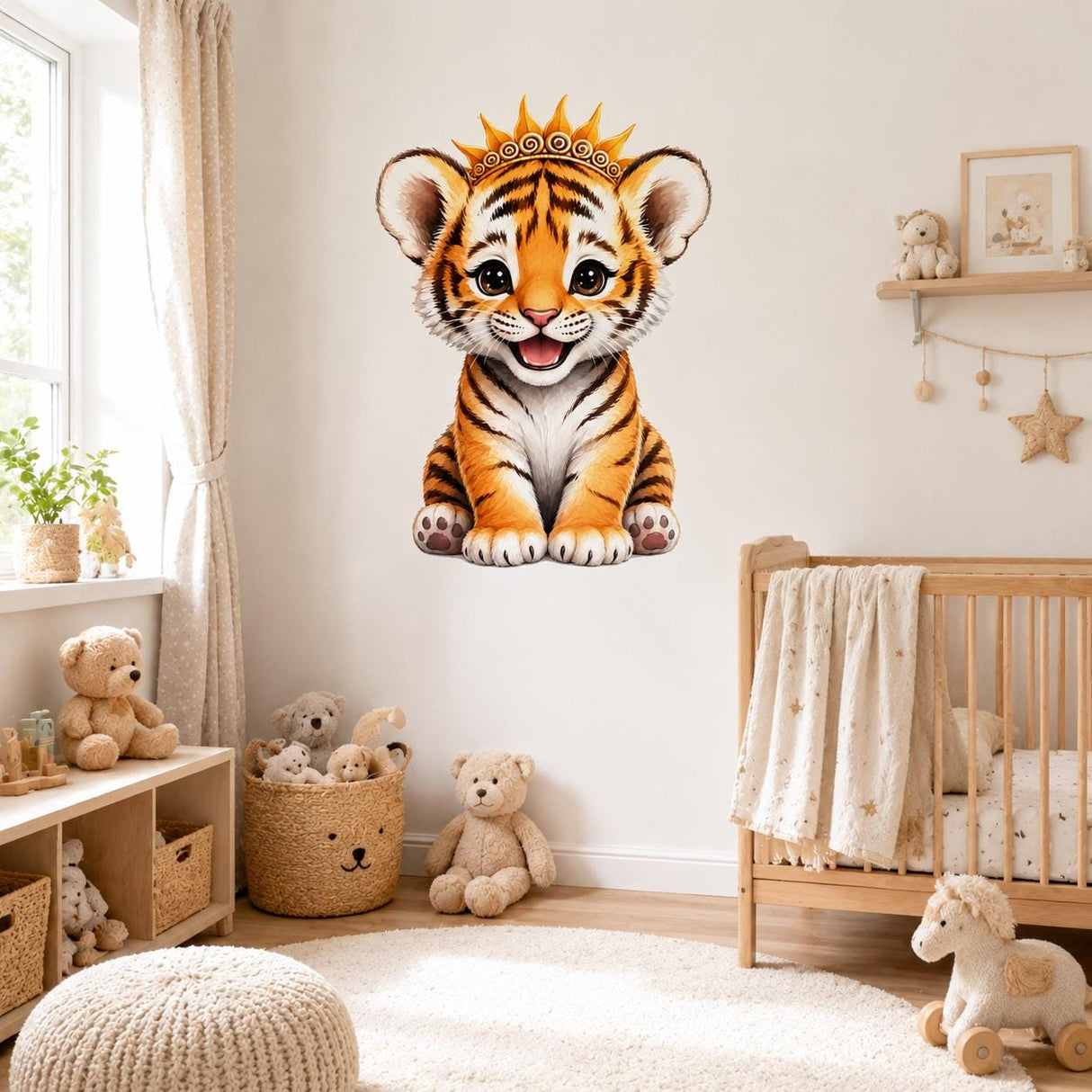 Cute Tiger Cub Wall Vinyl Decal | Baby Tiger With Crown Sticker | Nursery Kids Room Wall Art | Jungle Animal Decor | Little Prince Theme