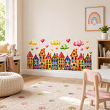 Colorful Watercolor Houses Wall Vinyl Decal | Rainbow Town Street Sticker | Cute Clouds Hearts Wall Art | Nursery Kids Room Playroom Decor