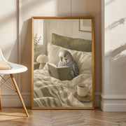 Product view of Grey Budgerigar Reading in Bed Poster.