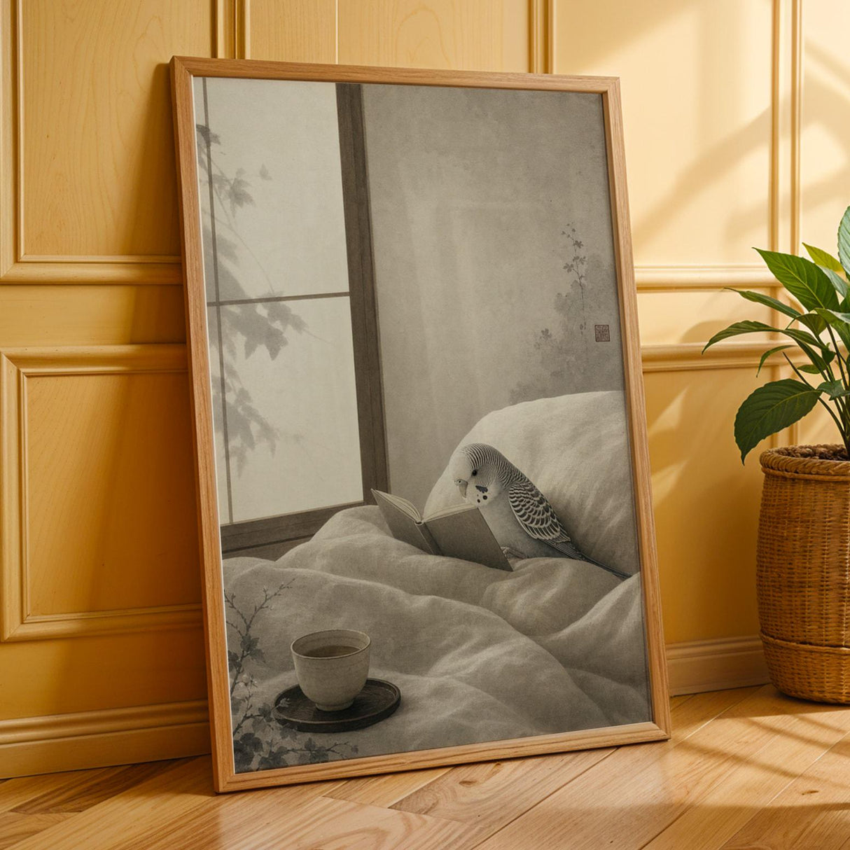 Silver Budgerigar Reading in Bed Poster | Japanese Zen Sumi-e Bird Wall Art | Warm Ivory Fog Gray Decor | Minimalist Bedroom Print