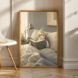 Cockatiel Reading in Bed Poster | Scandinavian Gouache Bird Wall Art | Warm Beige Blue Gray Decor | Cozy Minimalist Bedroom Print